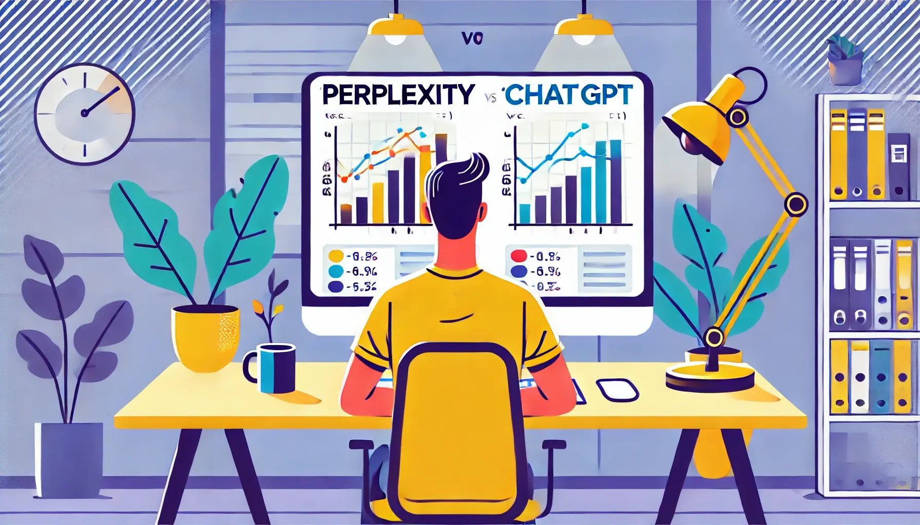 DALL·E 2025-02-26 16.55.24 - A person with short hair (no man bun) sitting at a desk and looking at a computer screen displaying comparison graphs of Perplexity vs ChatGPT. Th